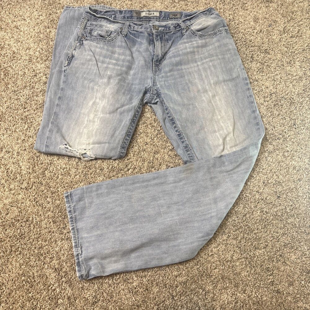 BKE Men's Derek Jeans 34R (34x32) Blue Light Wash Bootleg Straight Leg Denim